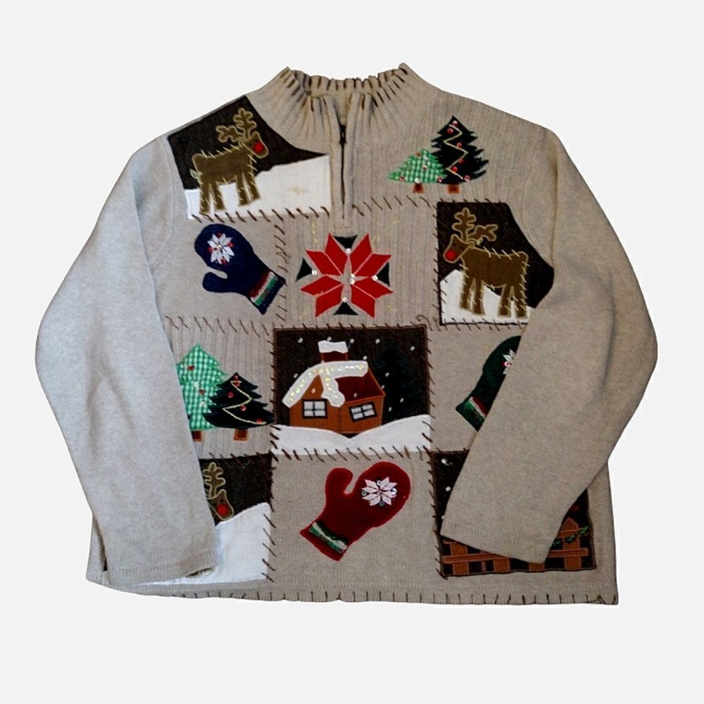 VTG 90s Beige Ugly Christmas Embroidered Quarter Zip Sweater 2X - Picture 3 of 15